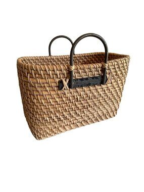 Rigid Heavy Rattan Woven Magazine Basket Metal Handles